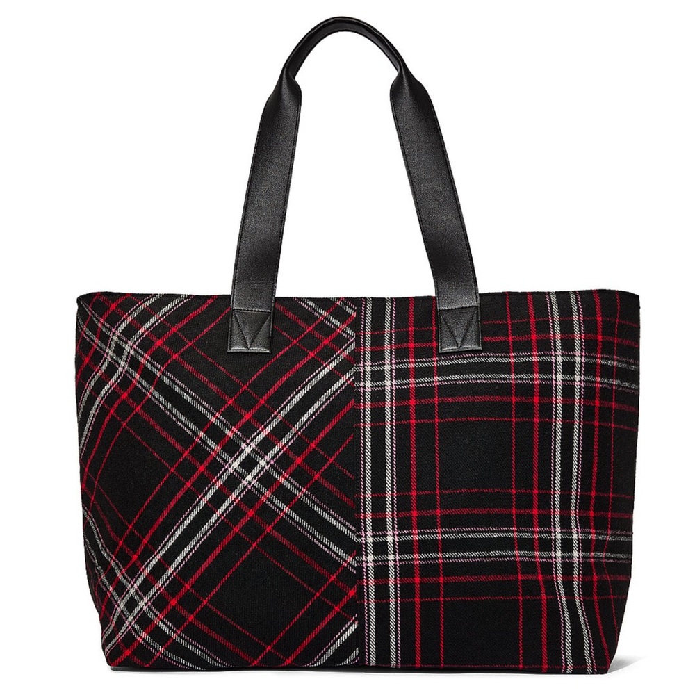 Victoria’s Secret Black & Red Plaid Tote Bag 13.75" x 22.83" x 7.375" Zip Top - Picture 4 of 12